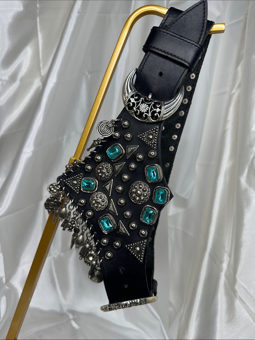 Black Embellished Women's Waist Belt with Turquoise Accent Gems